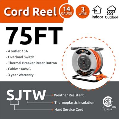 Image showing 5 th Link2Home 75 ft. Indoor/Outdoor Contractor-Grade Heavy-Duty High-Visibility Power Reel Extension Cord, 4 Outlets