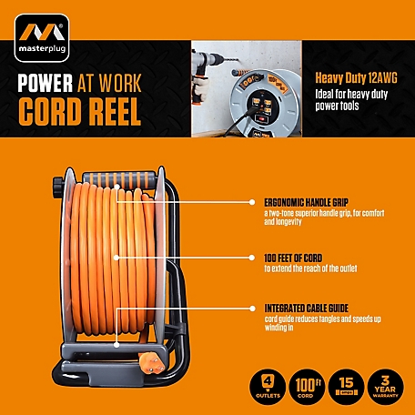 Masterplug Heavy Duty Metal Cord Reel with 4-120V 15amp Integrated