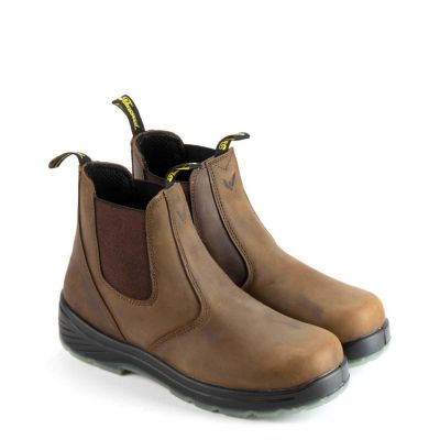 Image showing 0 th Thorogood Men's Trail Crazyhorse Safety Toe Quick Release Pull-On Translucent Bottom Boots, 6 in., Brown