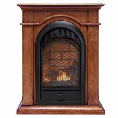 Duluth Forge 28 in. Dual-Fuel Ventless Gas Fireplace with Mantel, 15,000 BTU, T-Stat Control, Apple Spice