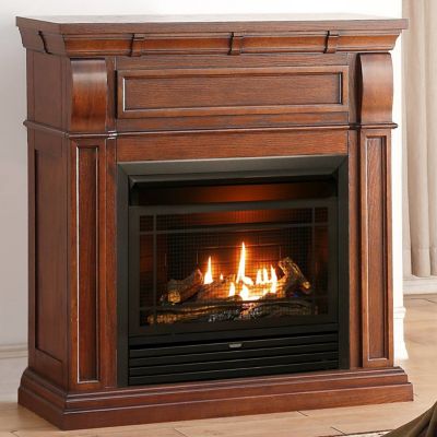 Duluth Forge 41.75 in. Dual-Fuel Ventless Gas Fireplace with Mantel, 26,000 BTU, T-Stat Control, Chestnut