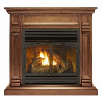 Duluth Forge 44 in. Dual-Fuel Ventless Gas Fireplace with Mantel, 32,000 BTU, T-Stat Control, Toasted Almond
