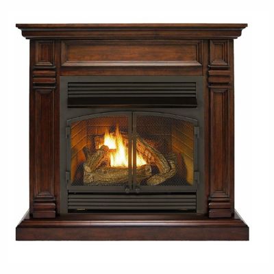 Duluth Forge 44 in. Dual-Fuel Ventless Gas Fireplace with Mantel, 32,000 BTU, T-Stat Control, Walnut