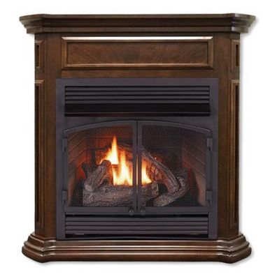 Duluth Forge 44 in. Dual-Fuel Ventless Gas Fireplace with Mantel, 32,000 BTU, T-Stat Control, Nutmeg