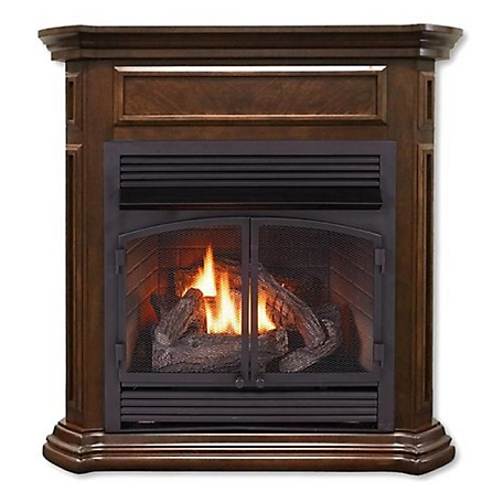 Duluth Forge 44 in. Dual-Fuel Ventless Gas Fireplace with Mantel, 32,000 BTU, T-Stat Control, Nutmeg