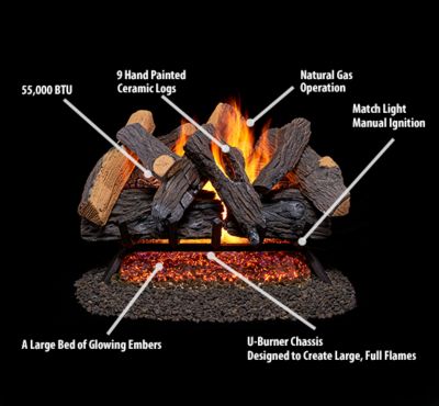 Image showing  Vented Natural Gas Fireplace Log Set, 24 in., 55,000 BTU, Match Light, Heartland Oak