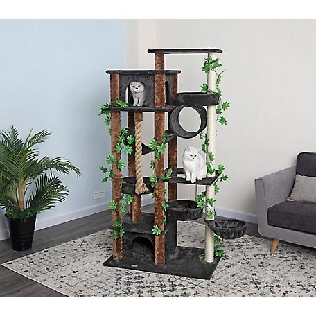 Go Pet Club 70 in. Forest Cat Tree House Furniture with Leaves, Compressed Wood, Faux Fur Finish