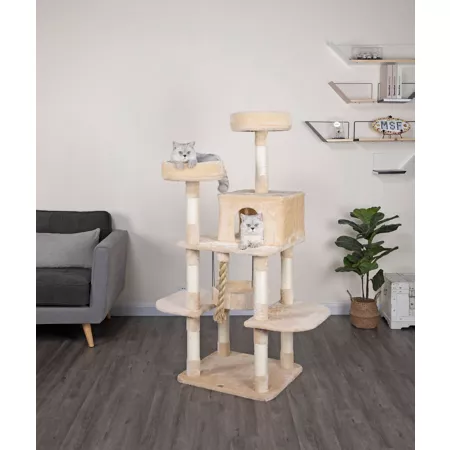 Go Pet Club 61.5" Jungle Rope Cat Tree with Sisal Covered Posts Compressed Wood Faux Fur Finish Beige Cat Trees & Condos