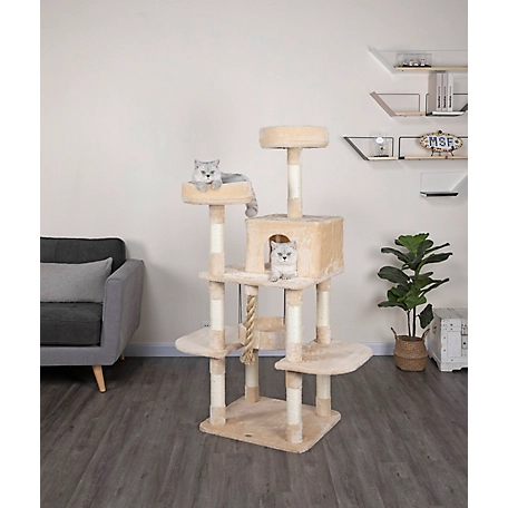 Go Pet Club 61.5 in. Jungle Rope Cat Tree with Sisal Covered Posts, Compressed Wood, Faux Fur Finish, Beige