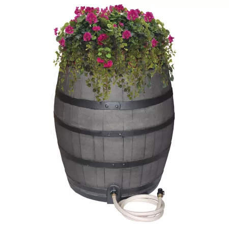 Emsco Rescue Flat Back Whiskey Rain Barrel Brown with Planter Rain Water Diverter Outlet Hose Rain Barrels