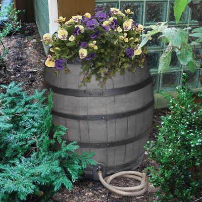 Image showing  Rescue Flat-Back Whiskey Rain Barrel, Brown, Includes Planter, Rain Water Diverter, Outlet Hose