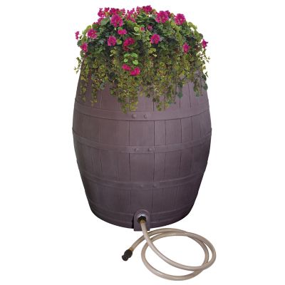 Emsco Rescue Flat-Back Whiskey Rain Barrel, Brown/Black, Includes Planter, Rain Water Diverter, Outlet Hose, 2243-1