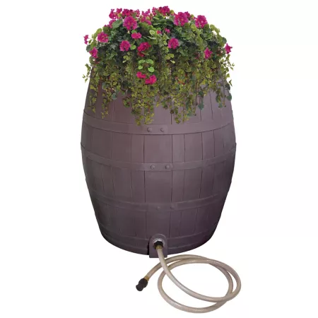 Emsco Rescue 2243-1 Brown/Black Flat Back Whiskey Rain Barrel with Planter Rain Water Diverter and Outlet Hose Rain Barrels