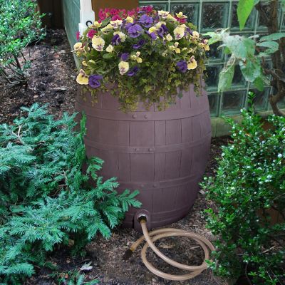 Image showing  Rescue Flat-Back Whiskey Rain Barrel, Brown/Black, Includes Planter, Rain Water Diverter, Outlet Hose, 2243-1