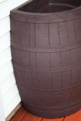 Image showing  Rescue Flat-Back Whiskey Rain Barrel, Brown/Black, Includes Planter, Rain Water Diverter, Outlet Hose, 2243-1