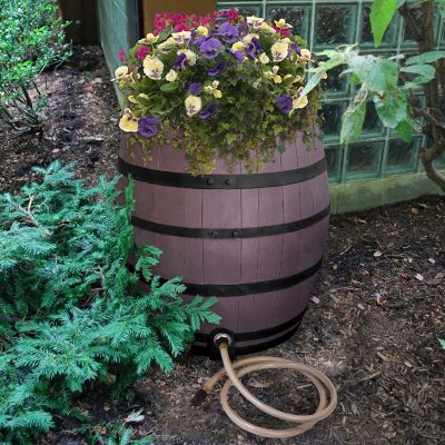 Image showing  Rescue Flat-Back Whiskey Rain Barrel, Gray/Black, Includes Planter, Rain Water Diverter, Outlet Hose, 2244-1