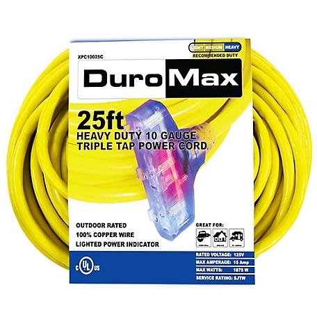 DuroMax 25 ft. 10 Gauge Triple Tap 100% Copper SJTW Heavy-Duty Lit Extension Power Cord