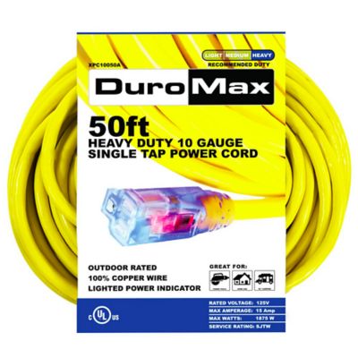 DuroMax 50 ft. 10 Gauge Single Tap 100% Copper SJTW Heavy-Duty Lit Extension Power Cord