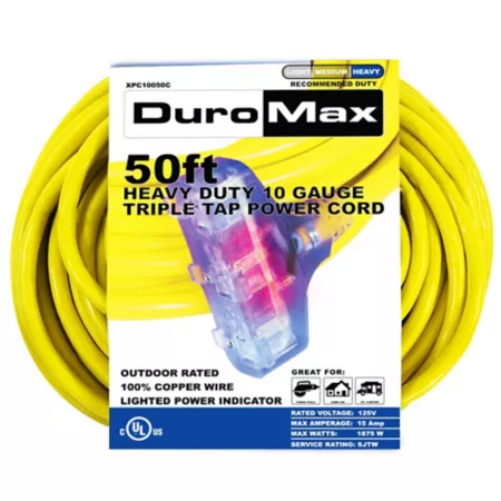 DuroMax 50 ft 10 Gauge Triple Tap 100% Copper SJTW Heavy Duty Lighting Power Extension Cord Extension Cords