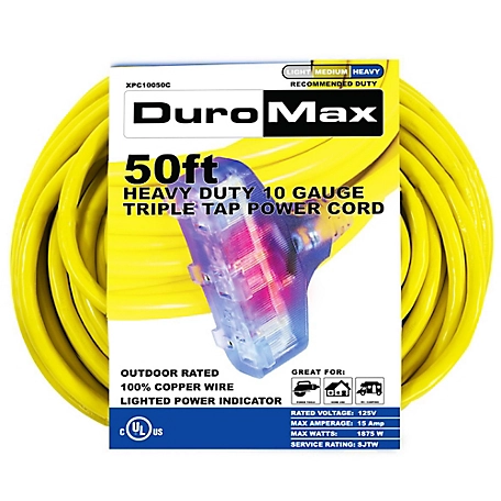 DuroMax 50 ft. 10 Gauge Triple Tap 100% Copper SJTW Heavy-Duty Lit Extension Power Cord