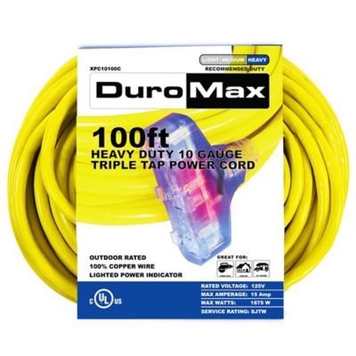 DuroMax 100 ft. 10 Gauge Triple Tap 100% Copper SJTW Heavy-Duty Lit Extension Power Cord