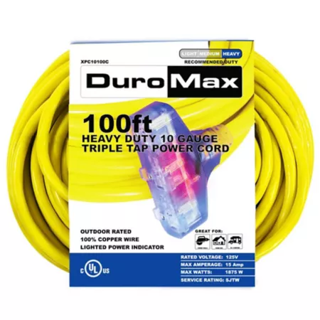 DuroMax 100 ft 10 Gauge Triple Tap 100% Copper SJTW Heavy Duty Lighting Power Extension Cord Extension Cords