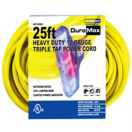 DuroMax 25 ft 12 Gauge Triple Outlet 100% Copper SJTW Heavy Duty Power Extension Cord Extension Cords