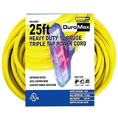 DuroMax 25 ft. 12 Gauge Triple Tap 100% Copper SJTW Heavy-Duty Lit Extension Power Cord