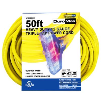 DuroMax 50 ft. Indoor/Outdoor 12-Gauge Triple Tap 100% Copper SJTW Heavy-Duty Lit Extension Power Cord