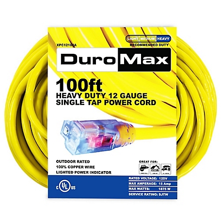 DuroMax 100 ft. 12 Gauge Single Tap 100% Copper SJTW Heavy-Duty Lit Extension Power Cord
