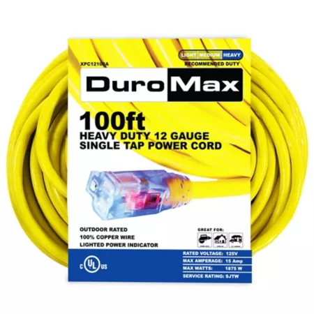 DuroMax 100 ft 12 Gauge Single Outlet 100% Copper SJTW Heavy Duty Lighting Power Extension Cord Extension Cords