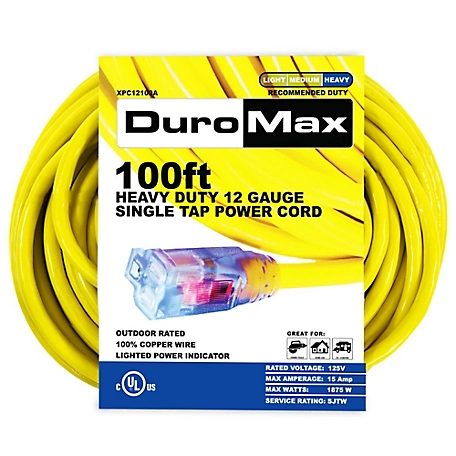 DuroMax 100 ft. 12 Gauge Single Tap 100% Copper SJTW Heavy-Duty Lit Extension Power Cord