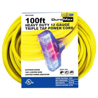 DuroMax 100 ft. 12 Gauge Triple Tap 100% Copper SJTW Heavy-Duty Lit Extension Power Cord