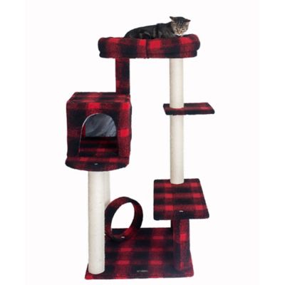 Armarkat 50 in. Classic Real Wood Cat Tree with Veranda, Bench, MIni perch, and Spacious Lounger In Scotch Plaid