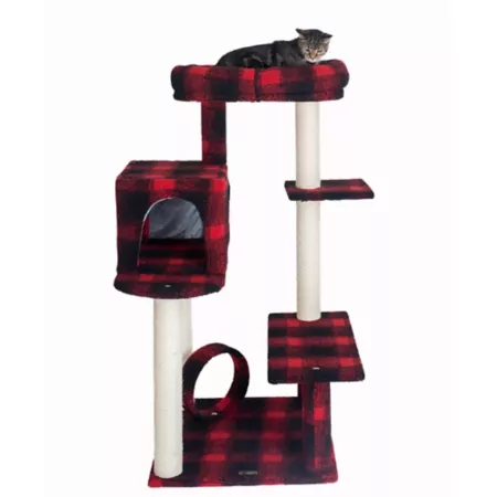 Armarkat 50" Classic Real Wood Cat Tree with Veranda Bench Mini Perch and Spacious Lounger in Scottish Plaid Cat Trees & Condos