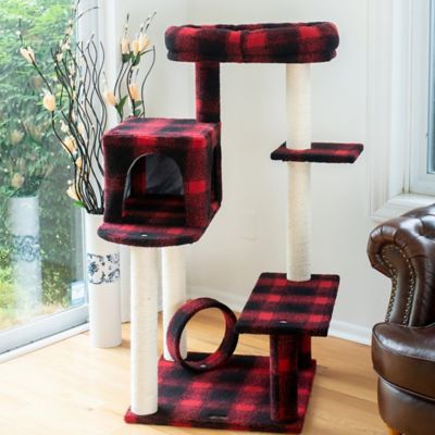 Image showing  50 in. Classic Real Wood Cat Tree with Veranda, Bench, Mini Perch and Spacious Lounger, Scotch Plaid