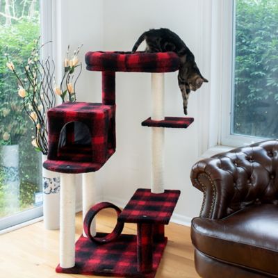 Image showing  50 in. Classic Real Wood Cat Tree with Veranda, Bench, Mini Perch and Spacious Lounger, Scotch Plaid