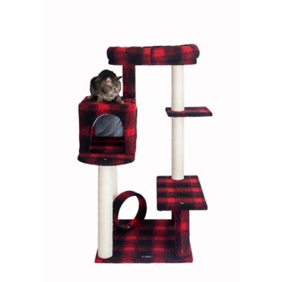 Image showing  50 in. Classic Real Wood Cat Tree with Veranda, Bench, Mini Perch and Spacious Lounger, Scotch Plaid