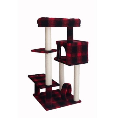 Image showing  50 in. Classic Real Wood Cat Tree with Veranda, Bench, Mini Perch and Spacious Lounger, Scotch Plaid