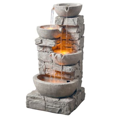 Peaktop Outdoor Stacked Stone Tiered Bowls Fountain with LED Light