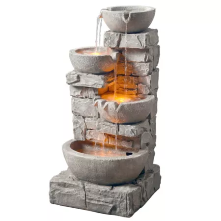 Peaktop 33 in 4-Tier Stacked Stone Bowl Outdoor Fountain with LED Light Fountains