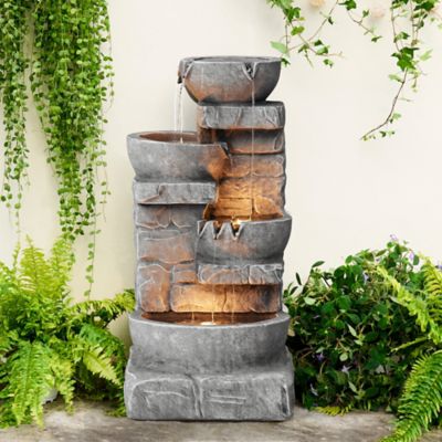 Image showing  33 in. 4-Tier Outdoor Stacked Stone Tiered Bowls Fountain with LED Light