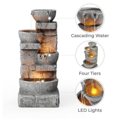 Image showing  33 in. 4-Tier Outdoor Stacked Stone Tiered Bowls Fountain with LED Light