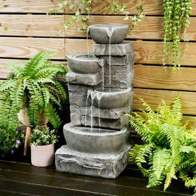 Image showing  33 in. 4-Tier Outdoor Stacked Stone Tiered Bowls Fountain with LED Light