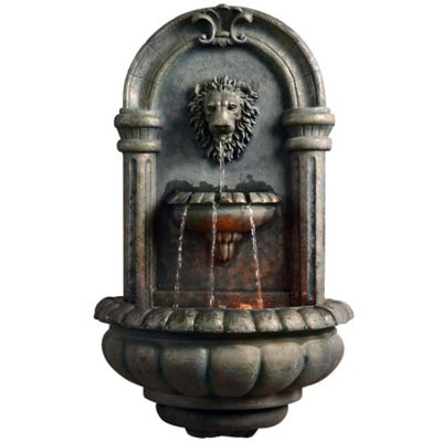 Peaktop 32.1 in. 2-Tier Outdoor Royal Lion Head Wallfall Fountain with LED Light