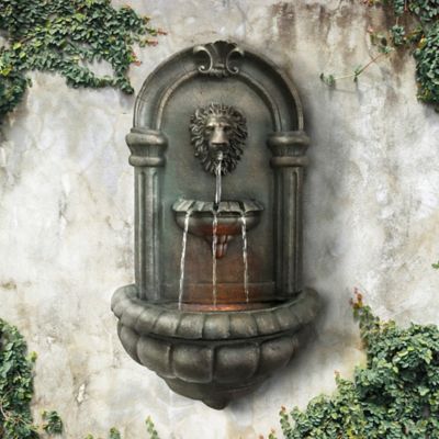 Image showing  32.1 in. 2-Tier Outdoor Royal Lion Head Wall Fountain with LED Light