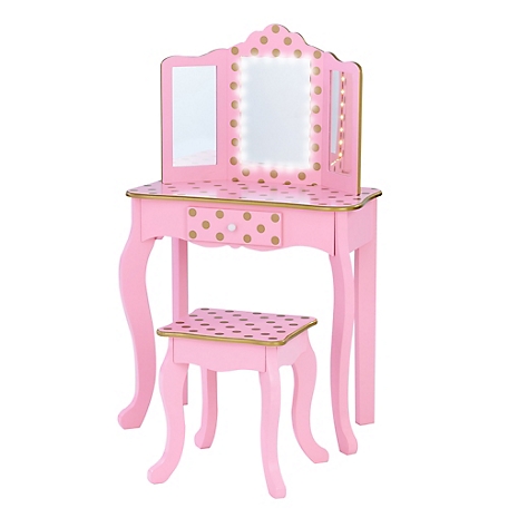 Teamson Kids Fashion Polka Dot Prints Gisele Play Vanity Set with LED Mirror Light, Pink