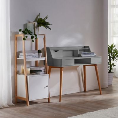 Image showing  Creativo Stylish Eco-Friendly MDF Desk with Solid Wood Legs, Smooth Light Gray Finish