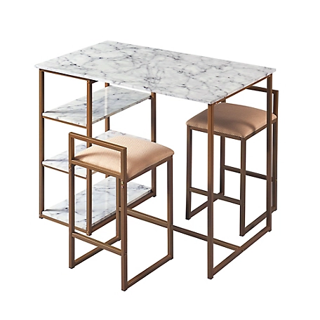 Versanora Marmo Breakfast Table Dining Set with Faux Marble Top, Sturdy Metal Base in Brass Finish, 3 pc.