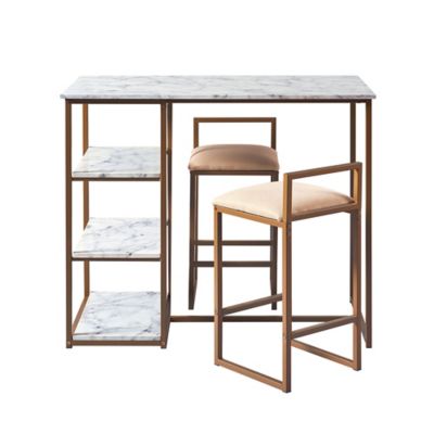 Image showing  3 pc. Marmo Breakfast Table Dining Set with Faux Marble Top and Metal Base, Brass Finish